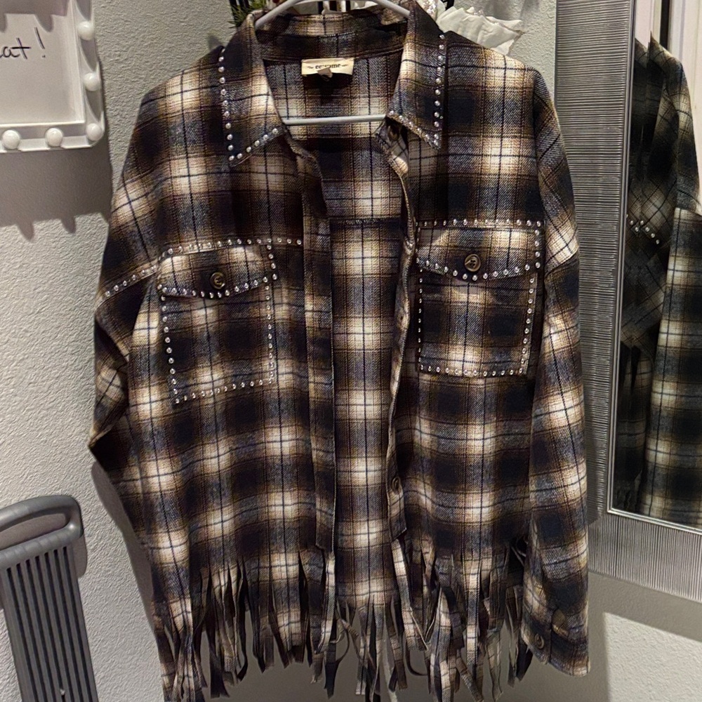 Plaid Fringe Button-Up Shacket with Studs
